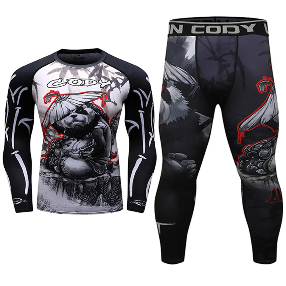 Brand New Men Gym Suits Fighting panda Sportswear Compression MMA Suits Running Fitness Tight Sport Suit Outdoor Jogging set