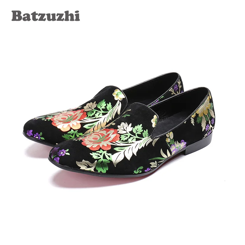 

Batzuzhi Handmade Mens Shoes Black Suede Leather Men Loafers Shoes Erkek Ayakkabi Flats Print Flowers Party Casual Shoes Men, 12