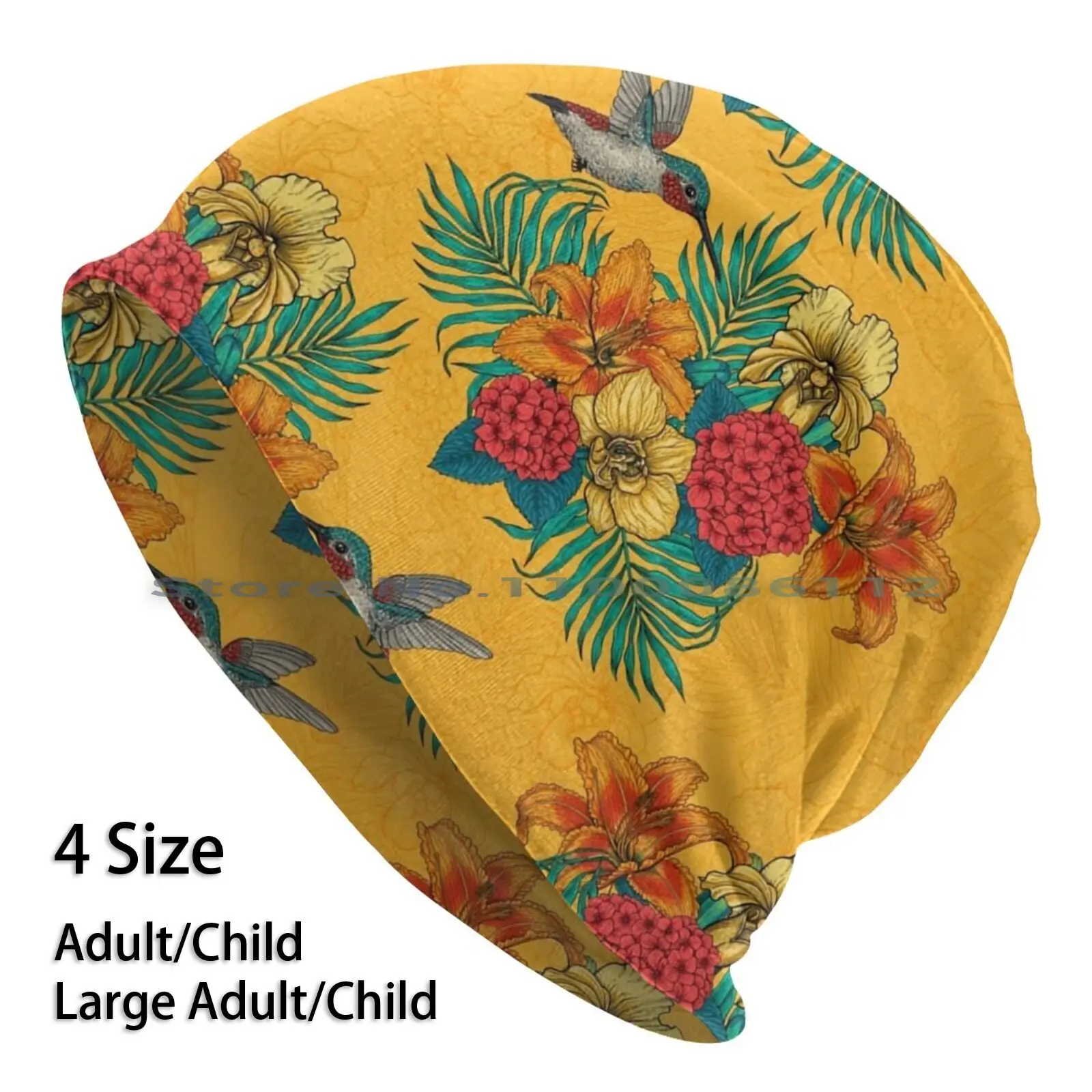 Hummingbirds And Tropical Bouquet In Yellow Beanies Knit Hat Hummingbird Botanical Bouquet Floral Daylily Orchid Palm Hortensia