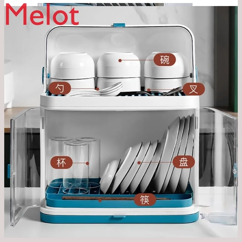 Kitchen Dish Rack Tableware Storage Box with Lid Draining Rack Plastic Cupboard Household