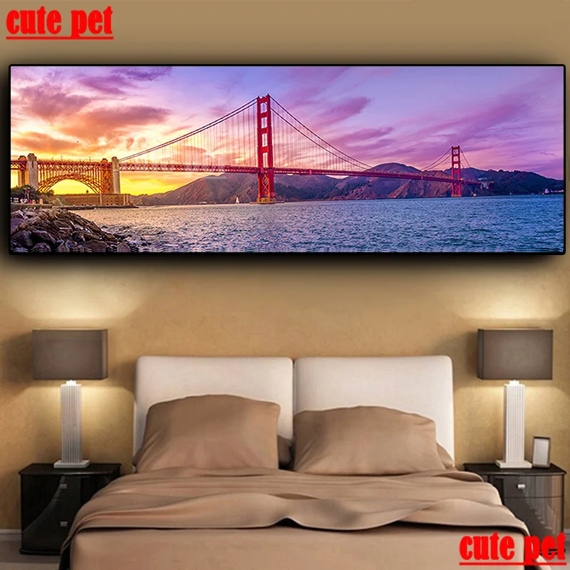 

Large Diamond Painting Sunsets Golden Gate Bridge Coast Mosaic Landscape Building Full Square Round DIY Diamond Embroidery Decor