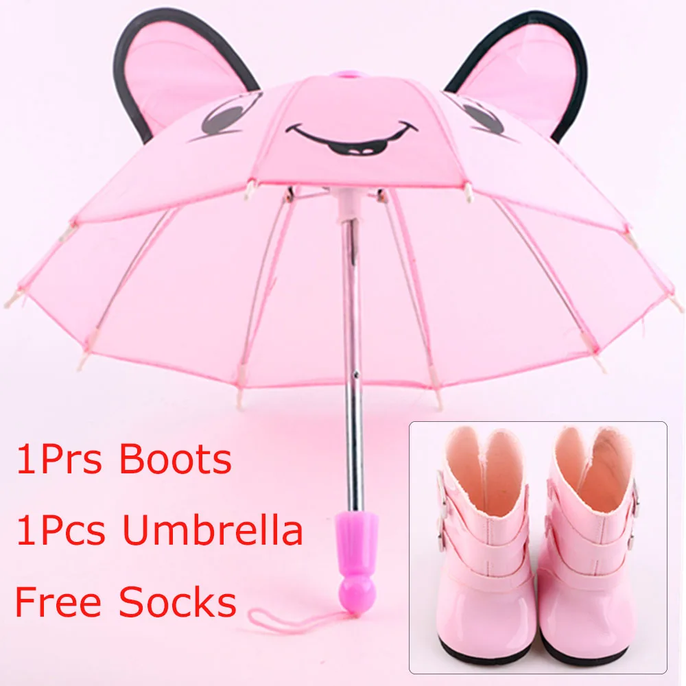 3Pcs/Set Doll Shoes Rain Boots Umbrella Socks Accessories For 18 Inch American of Girl&43Cm Baby New Born Reborn Doll Girl`s Toy