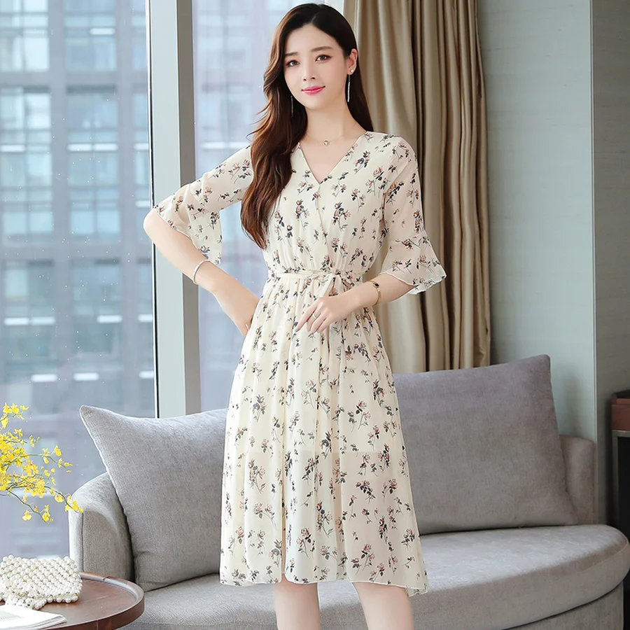 2024 New Elegant Apricot Floral Chiffon Midi Dress Spring Summer Print Vintage Runway Dress Women Bodycon Party Evening Vestidos