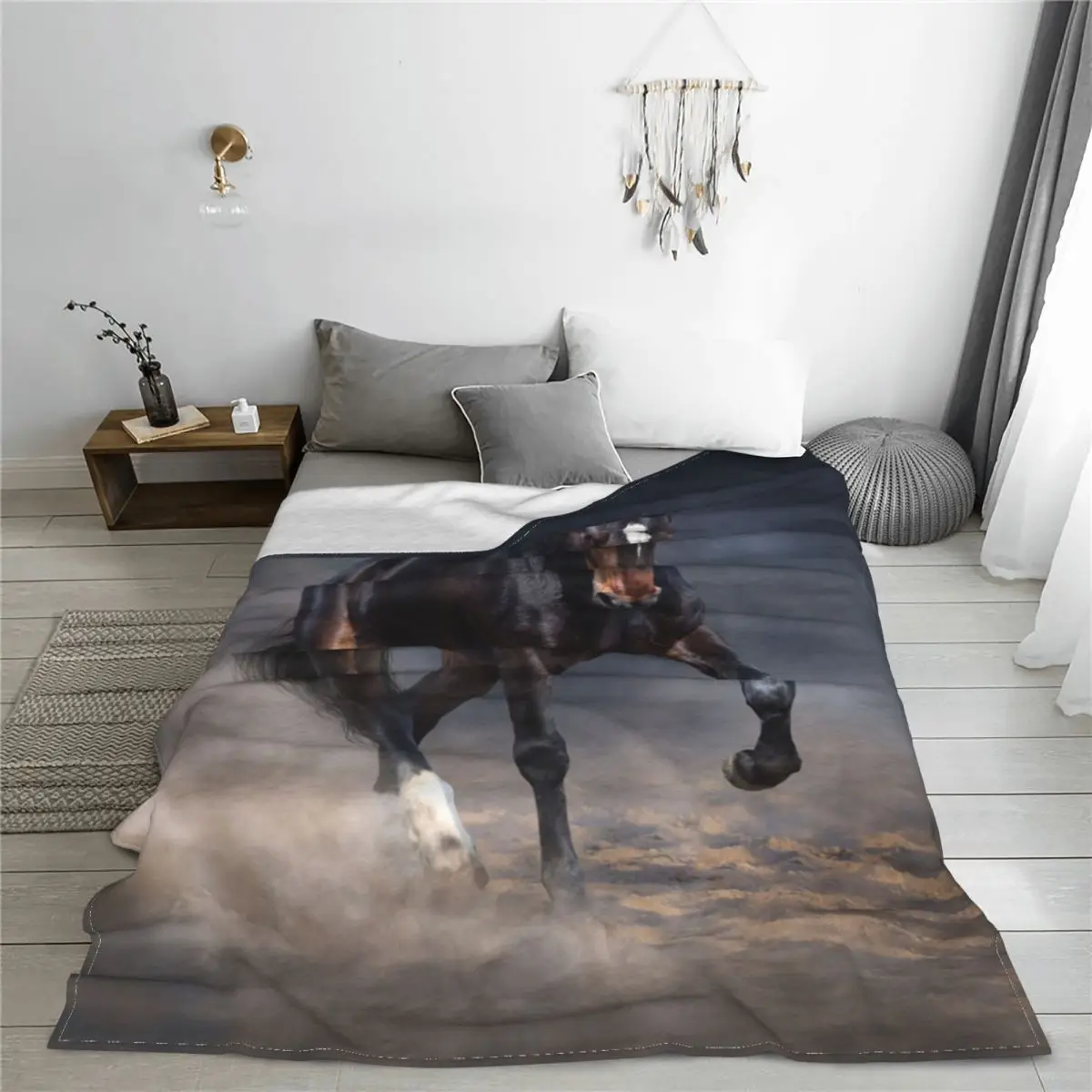 Wild Horse Run Blankets Velvet Autumn/Winter Galloping Animal Lovers Portable Lightweight Throw Blanket for Bed Office Rug Piece