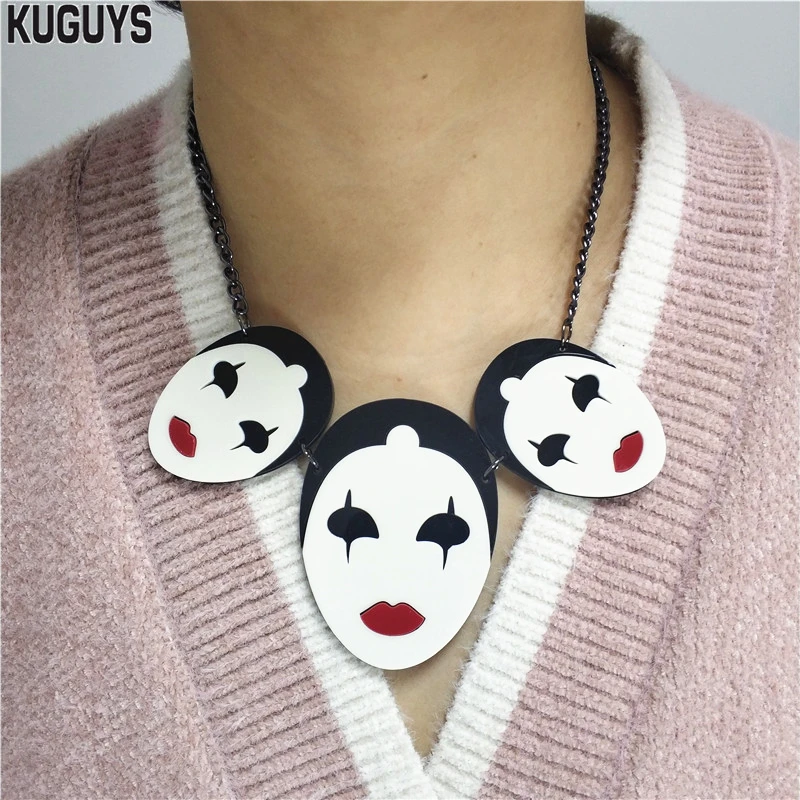 KUGUYS Joker Clown Pendant Necklace for Women Black Chain Acrylic Fashion Jewelry Halloween Accessories