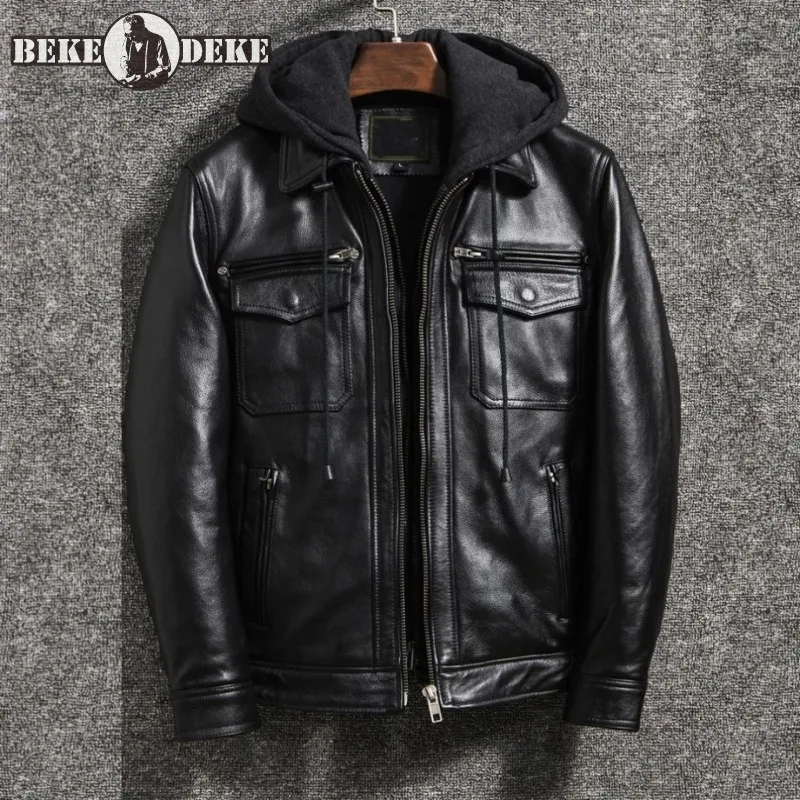 Brand Men Cowhide Genuine Leather Jacket Hooded Hat Detachable Motorcycle Jackets 5XL Fashion Mens Autumn Outerwear