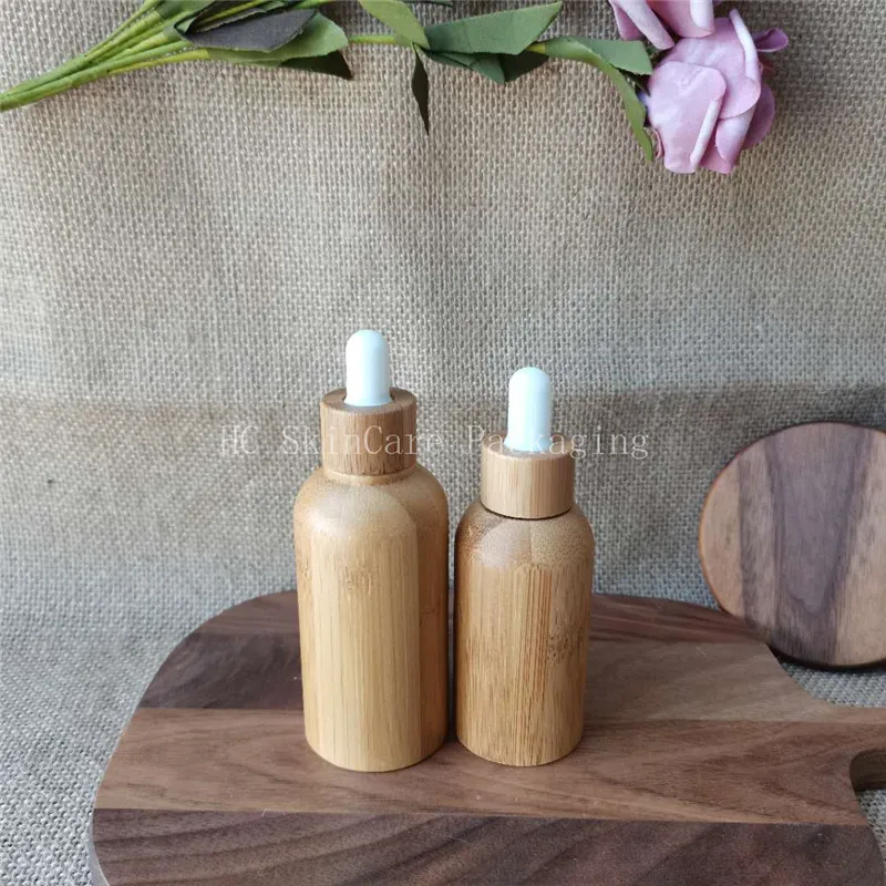 High quality 100pcs/lot Biodegradable bamboo emulsion dropper bottle white rubber Skincare  Cosmetic packaging container