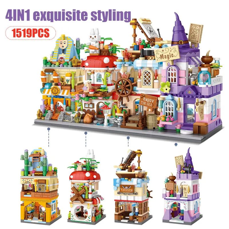 City 4 IN 1 Mini Street View Magic Castle Architecture Building Blocks Friends Mushroom House Figures Bricks Toys For Kids Gifts