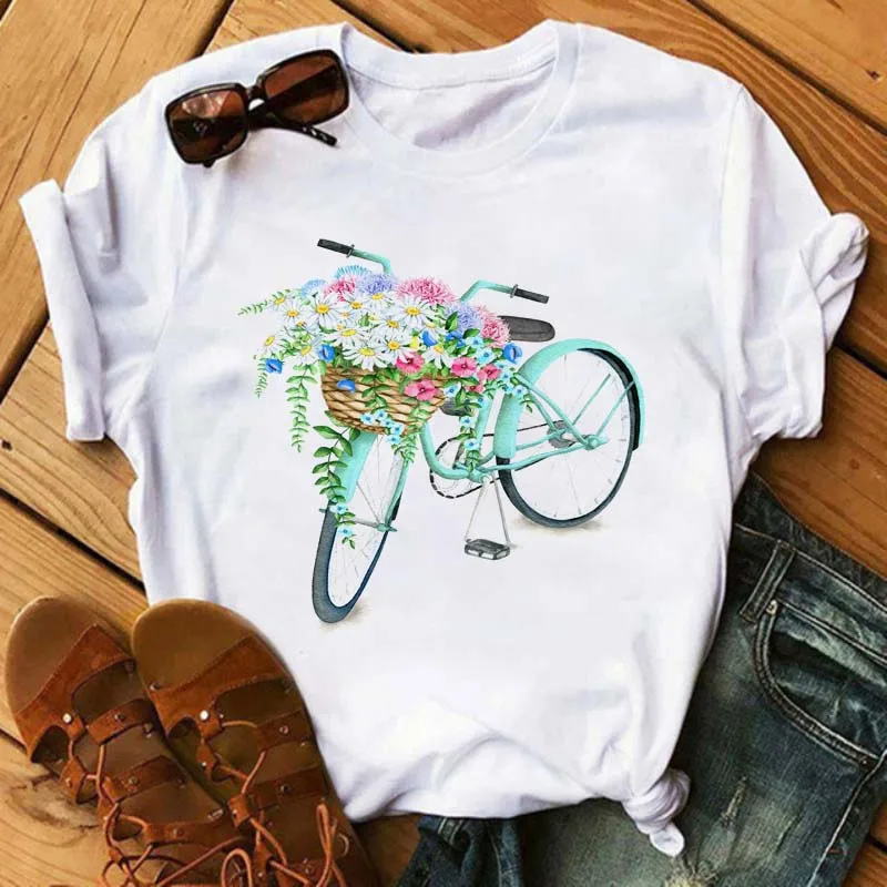 Harajuku Graphic Short Sleeve White T-shirt Casual Woman Top Tee Summer Women's  Bike and Sunflower Printed 