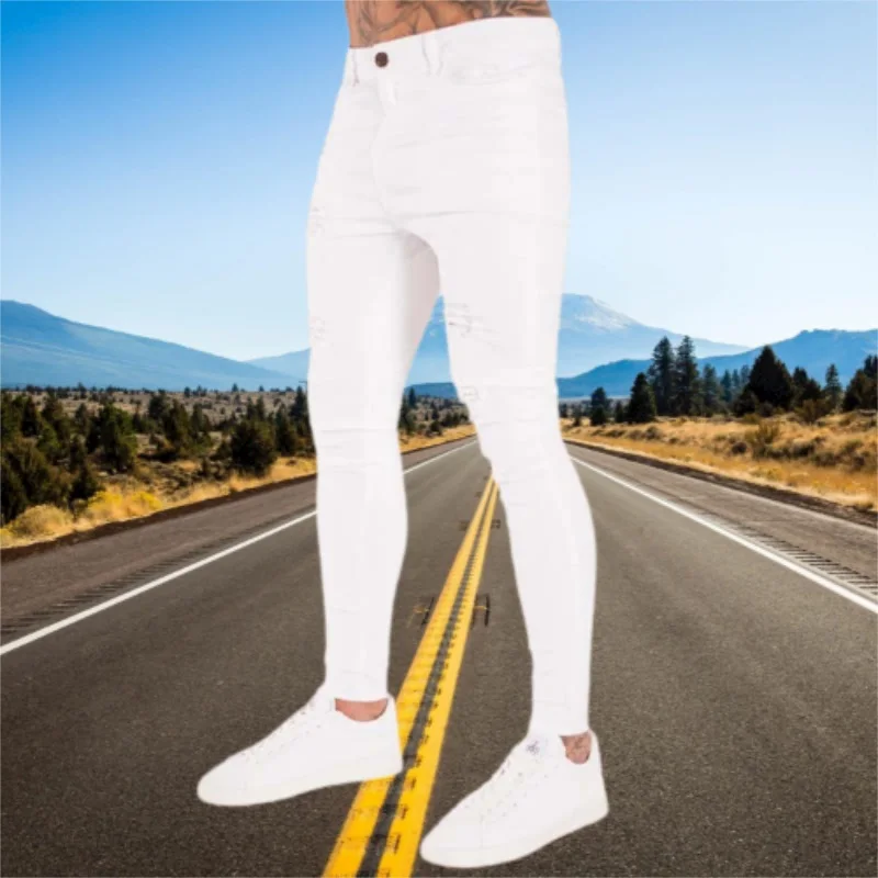 Jeans Wihte Men Elastic Waist Skinny Jeans 2023 Stretch Ripped Denim Pants Streetwear Summer Mens High Quality Joggers Trousers