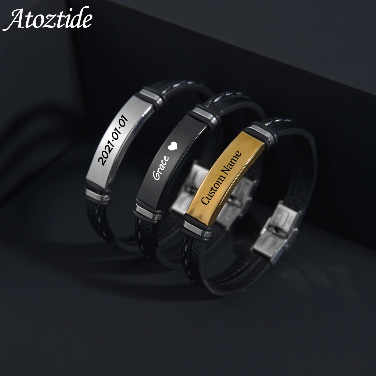 Atoztide Customized Engrave Name Text Stainless Steel Bracelets Leather Chain Bangle for Men Women Personalized Gift Jewelry