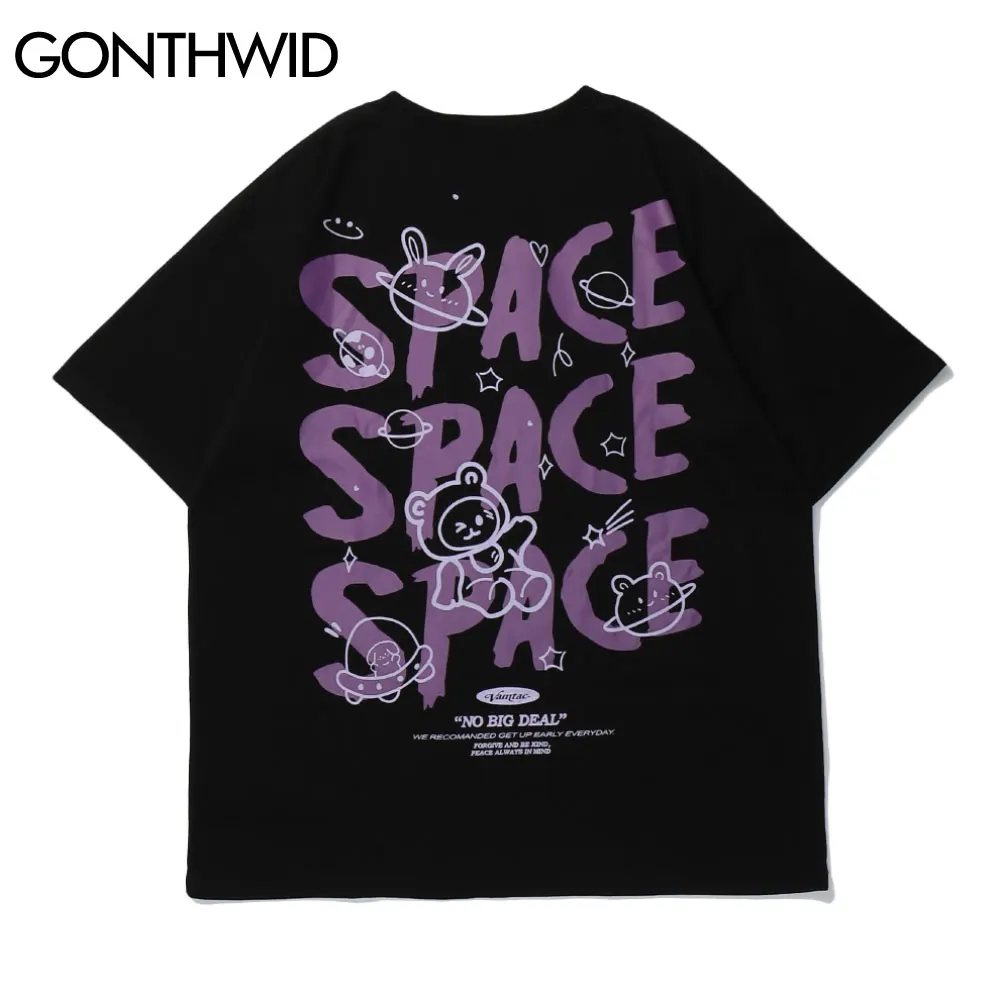 GONTHWID Harajuku Tshirts Cartoon Bear Rabbit Space Short Sleeve Tees Shirts Streetwear Hip Hop Fashion Casual Cotton Loose Tops