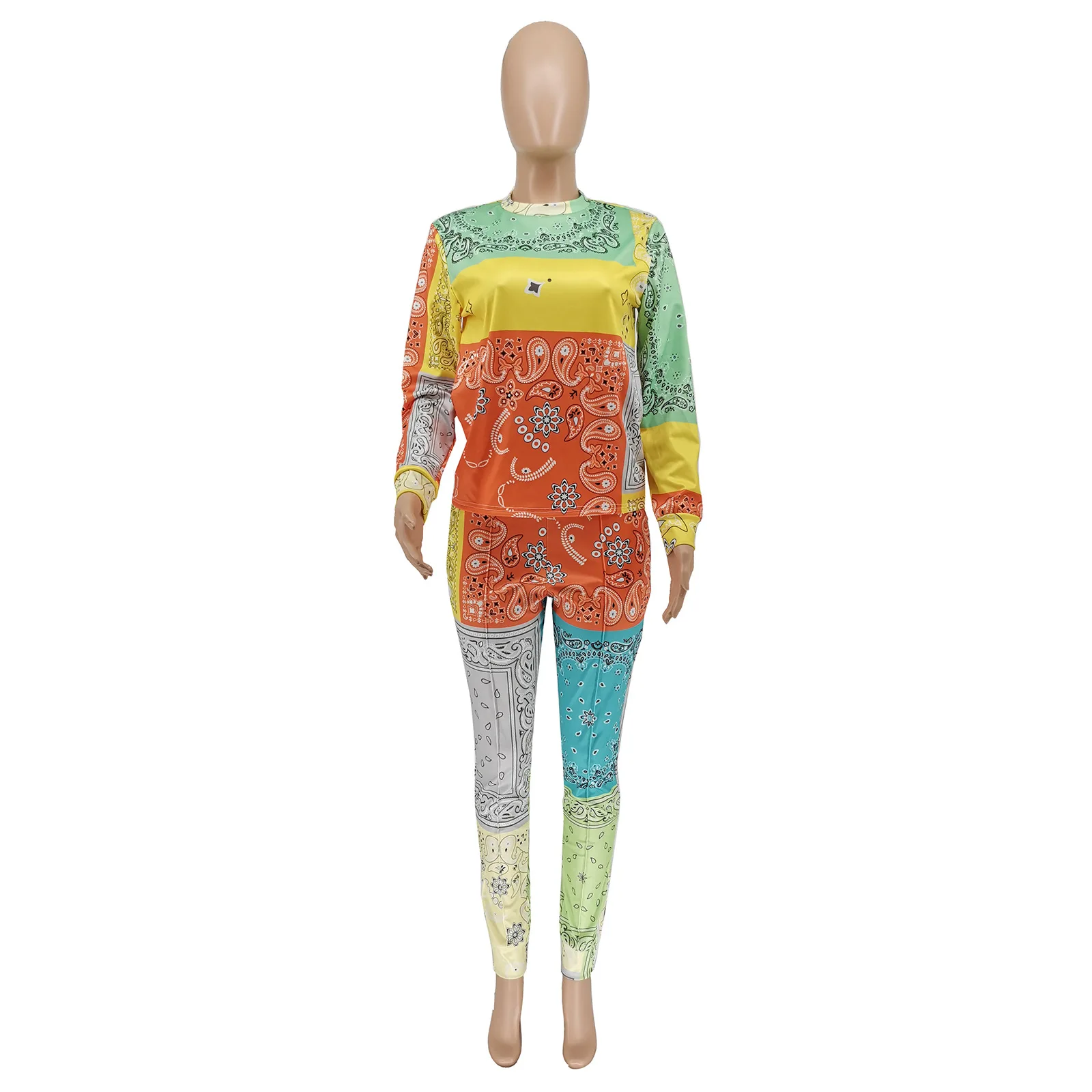 Bandana Print Two Piece Set Mulheres Casual Paisley Long Sleeve Top Colheita T-Shirt Legging Pants Suit Outono Outfit Esporte Treino