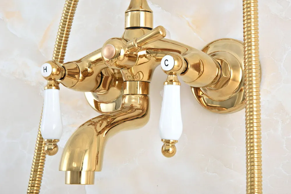 Luxury Polished Gold Color Brass Bathroom Wall Mounted Clawfoot Tub Faucet Taps Set With Hand Held Shower Head Spray mna820