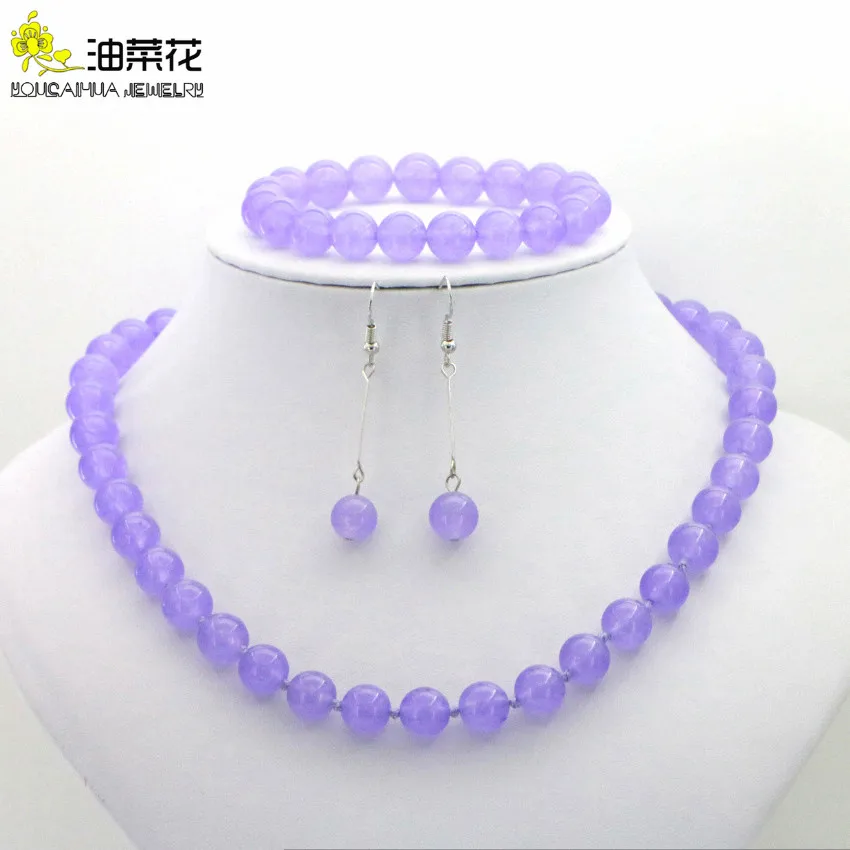 Hot New Fashion 10mm Natural Lavender Jades Chalcedony Round Beads Necklace Bracelet Earrings Hand Made Jewelry Sets AAA Grade