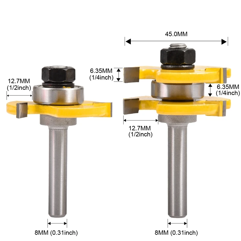 2 pc 8mm Shank Tongue & Groove Joint Assembly Router Bit Set Stock Wood Cutting Tool Milling Cutters 1/2'' Width Depth