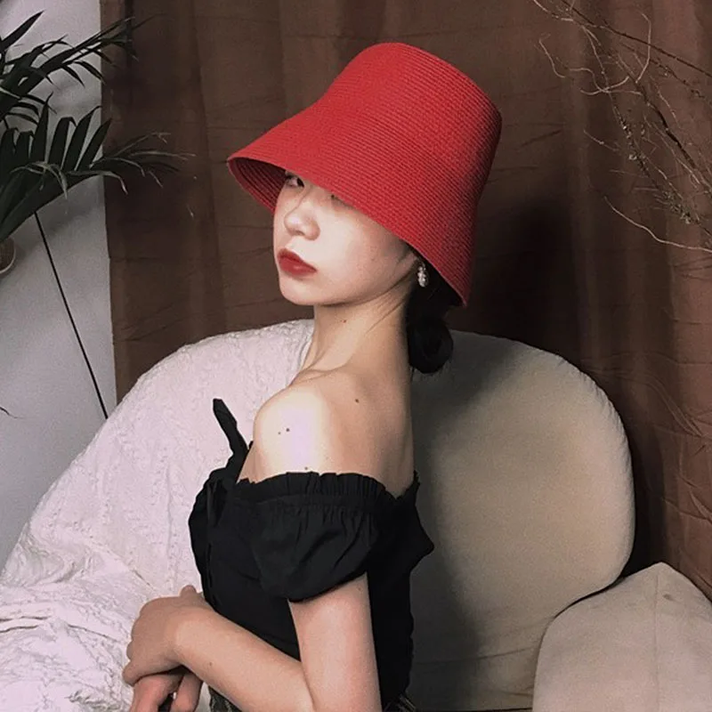 Summer Woven Cloche Bucket Hat Plain Sun Hat for Women French Retro Style Wide Brim Red Black Straw Hat Couture Derby Ladies Hat