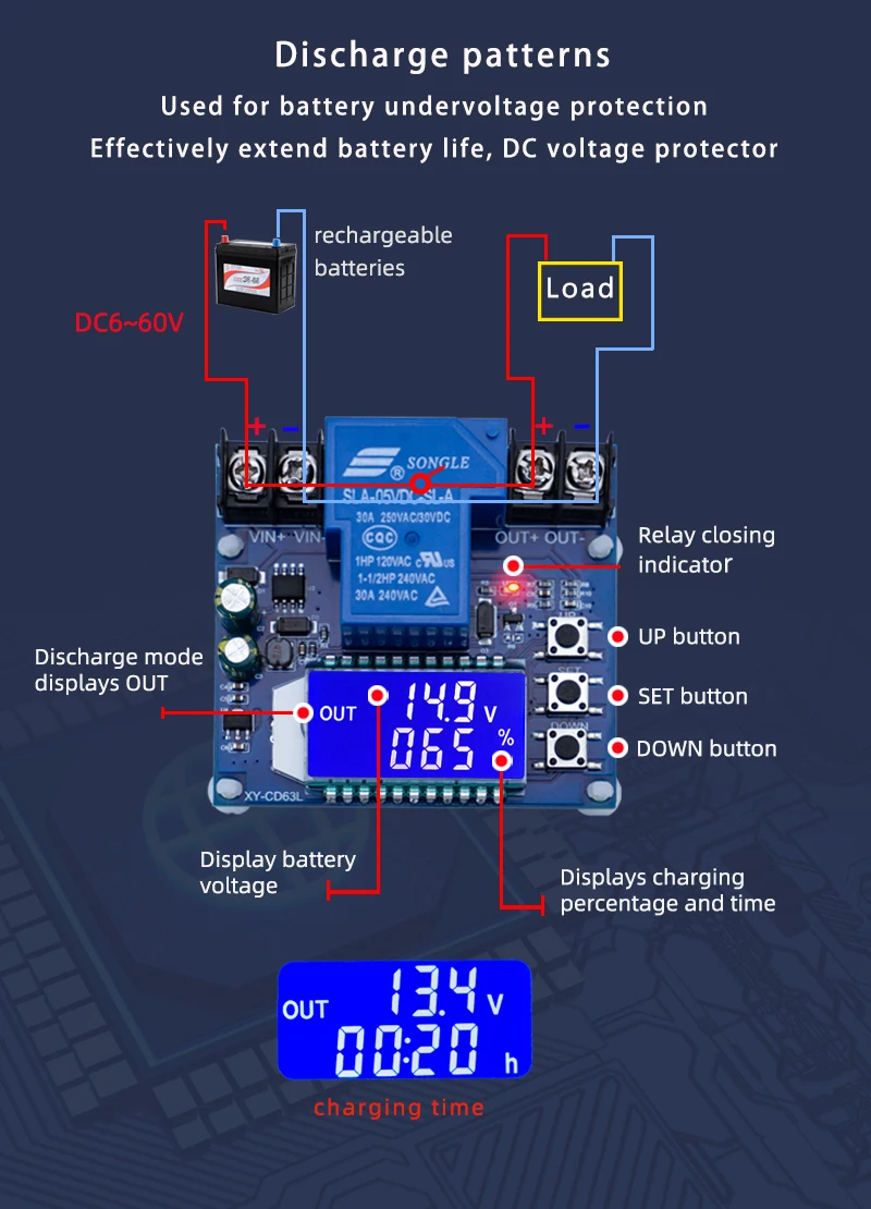 XY-CD63L 30a Batterie lades teuerung modul voll ausschalten dc Spannungs schutz unter Spannungs verlust schutz 6-60v – Detail 6