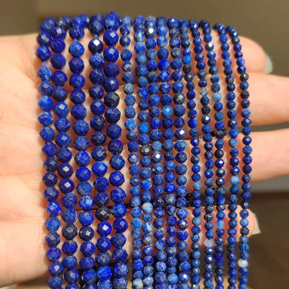 Natural Lapis Lazuli Bead Faceted Blue Stone Round Loose DIY Beads for Jewelry Making Handmade Bracelet 15inch 2/3/4mm