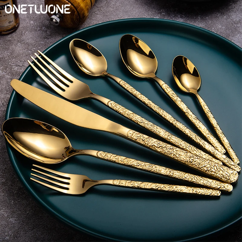 Hammered Golden Cutlery Set ,Stainless Steel Tableware Dinnerware Includes Forks Spoons Knives,Mirror Polished,Dishwasher Safe