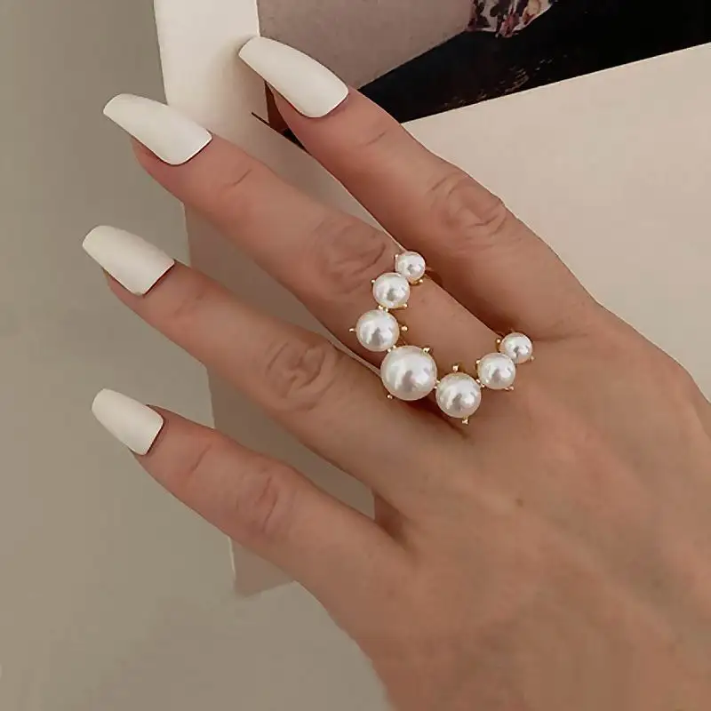 Fashion Big Geometric Pearl Paved Rings For Women 2021 New Jewelry Personality Statement Open Ring Adjustable Bijoux