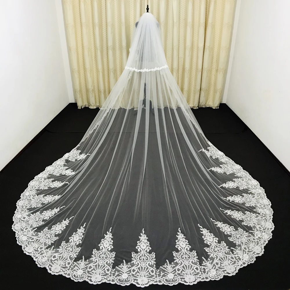 Real Photo 3M Wedding Veil With Lace Applique Edge Long Cathedral Veil Bridal Veil 2 Layer Tulle Custom Made Bridal Veil