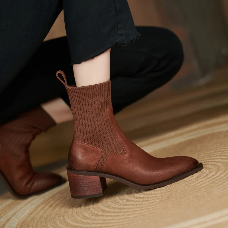 2021 New Retro Chelsea Short Boots Genuine Leather Square Heels Women Socks Ankle Boots Dancing Party Shoes Woman Platform Boots