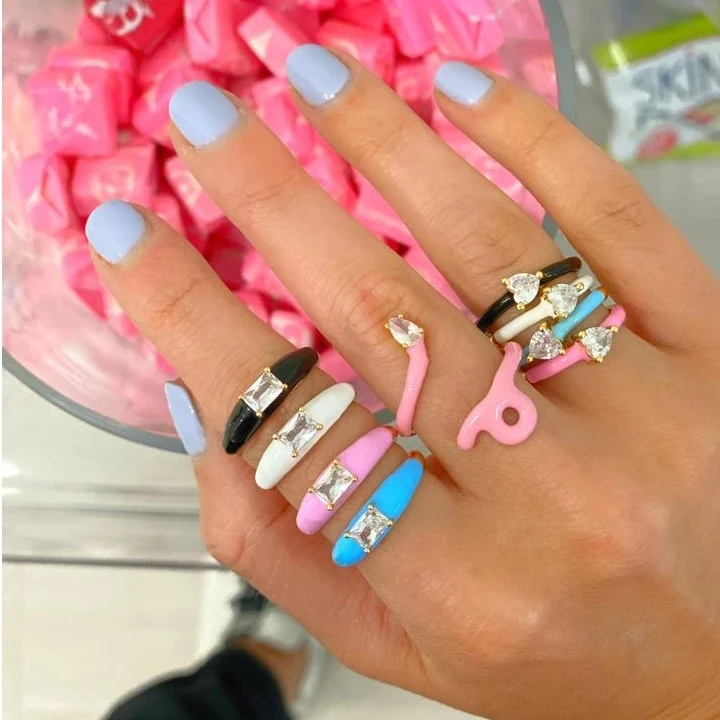 Wholesale Fashion Colorful Enamel Black Pink Blue White Red Color Band Rings With Square Geometry Cz Paved Women Wedding Jewelry