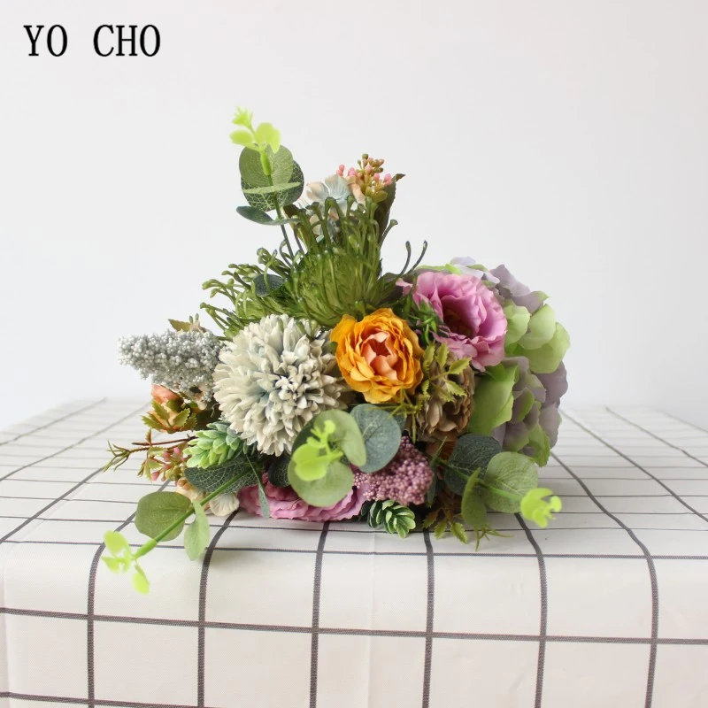 YO CHO – Bouquet de mariage artificiel en soie, fleur de lisianthe, demoiselle d'honneur, hortensia, Pompon, feuilles d'eucalyptus, fleur de mariage