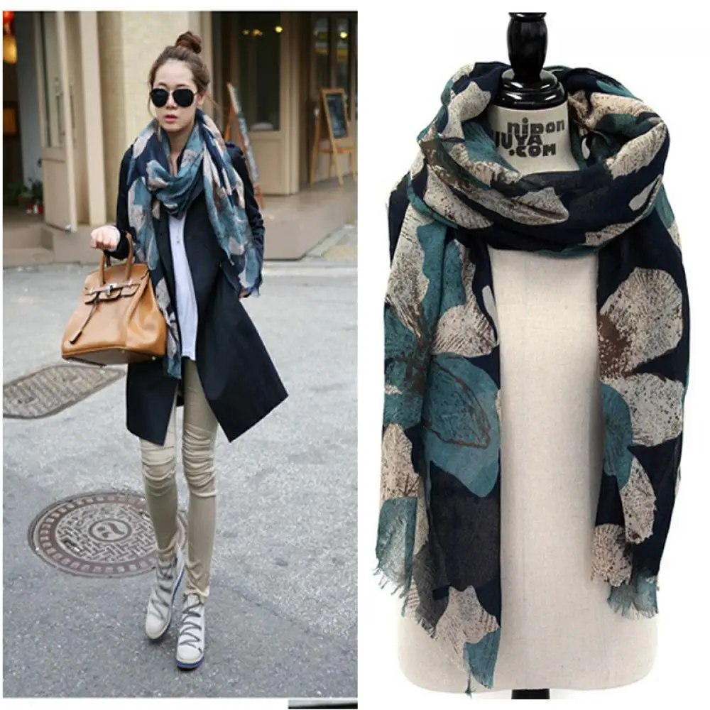 2024 New Hot Fashion Party Scarves Shawl Elegant Women Lady Vintage Long Soft Cotton Voile Print Autumn Winter Christmas