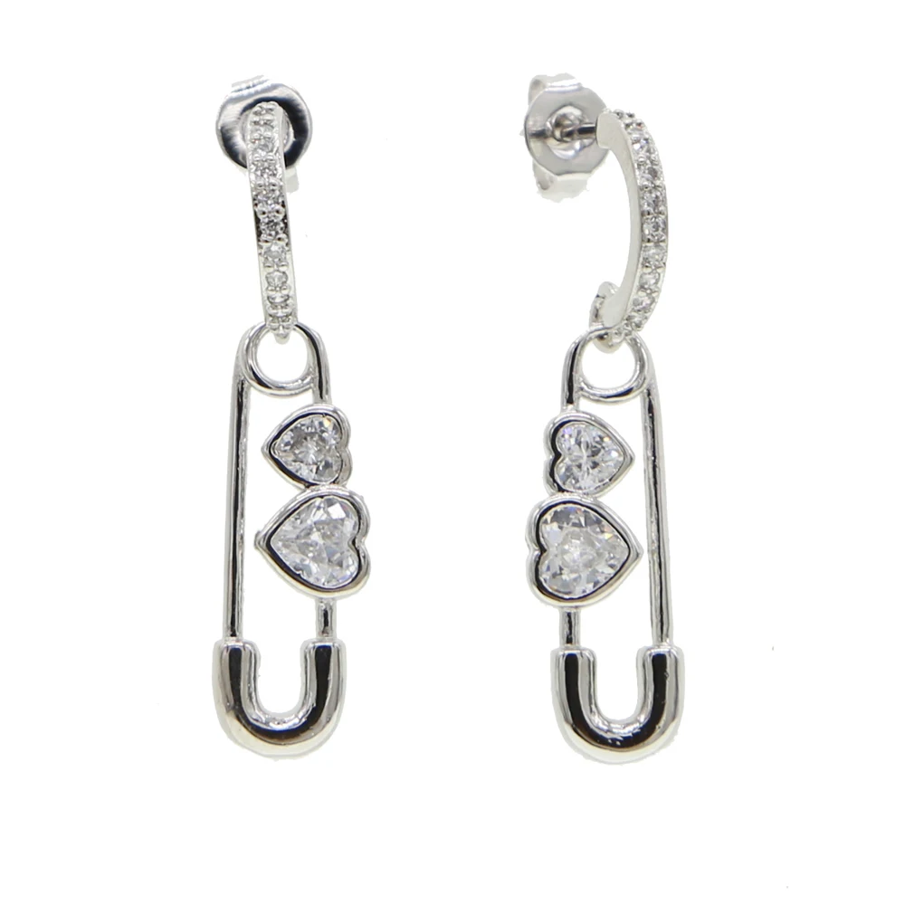 New safety pin dangle tassel earring for women lady drop ship wedding dangle earring jewelry with bling cz paved jewelry