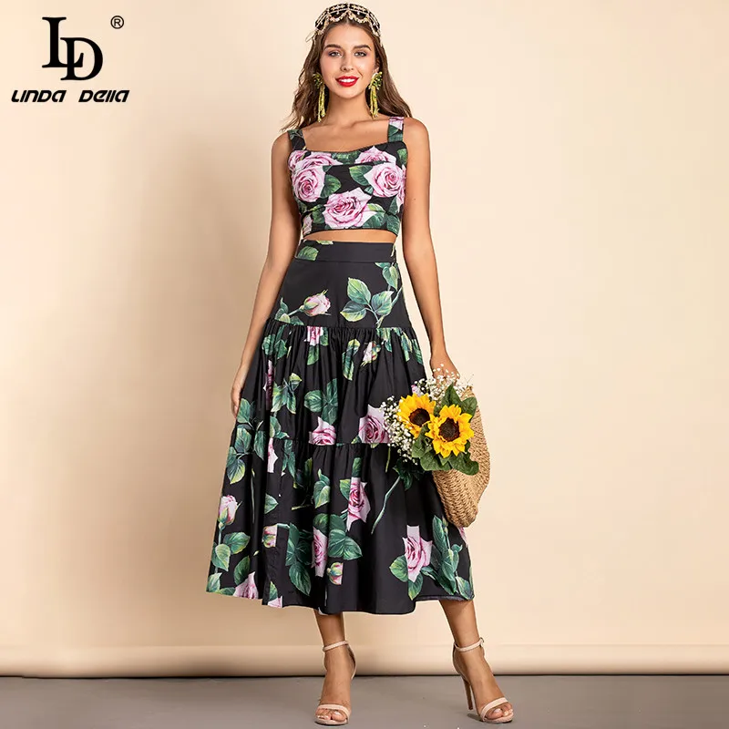 LD LINDA DELLA 2022 Runway Designer Spring Fashion Mini Skirt Women High Waist Vintage Rose Flower Print Elegant Cotton Skirts