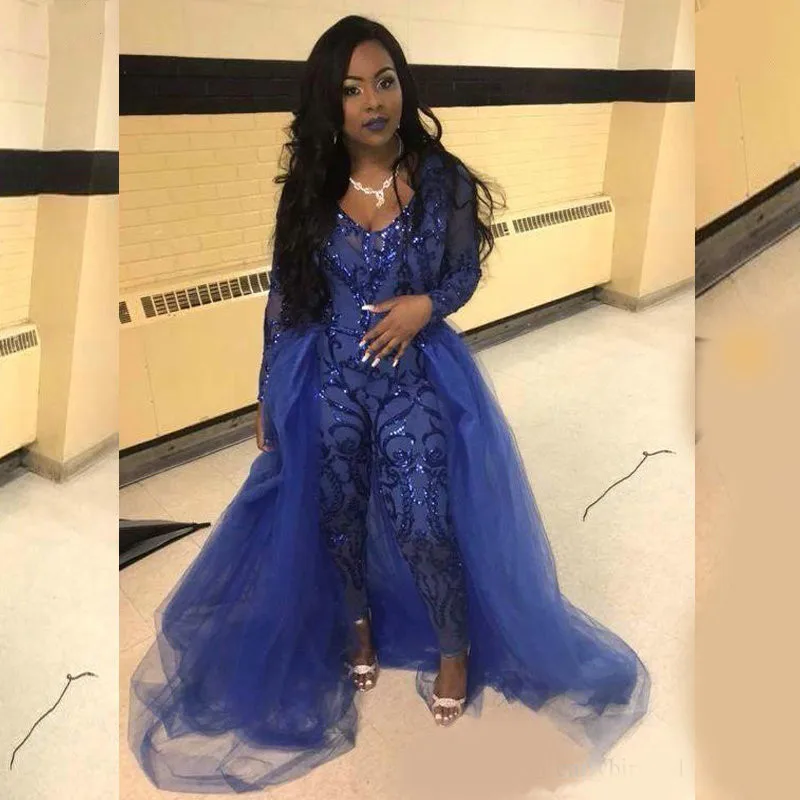 

2023 Royal Blue Jumpsuit Prom Dresses With Overskirts V Neck Long Sleeve Sequined Evening Gowns Plus Size African Pageant Pants