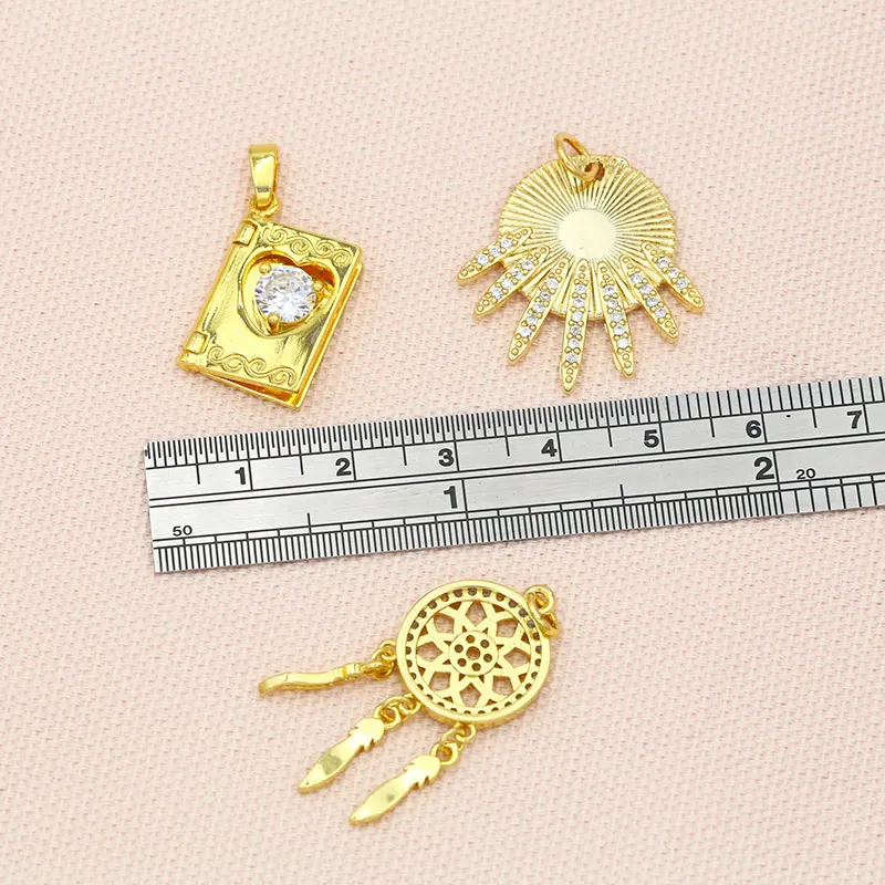 OCESRIO Copper CZ Gold Sun Locket Necklace Charms for Jewelry Making Dream Catcher Pendant Charms for Neckalce Wholesale pdta194