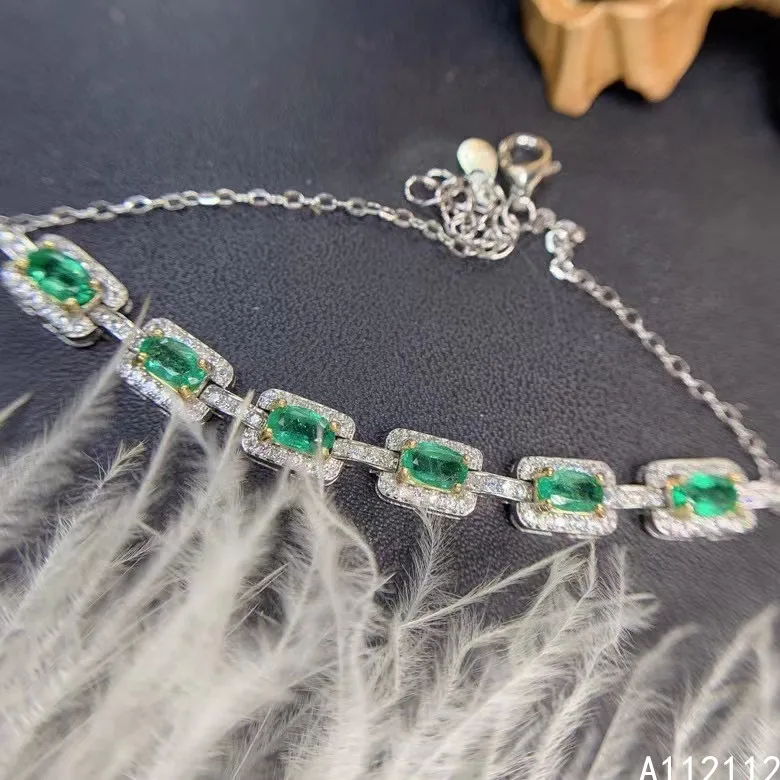

Fine Jewelry 925 Sterling Silver Inset With Natural Gemstones Women's Popular Lovely Fresh Emerald Hand Bracelet Chain Support D