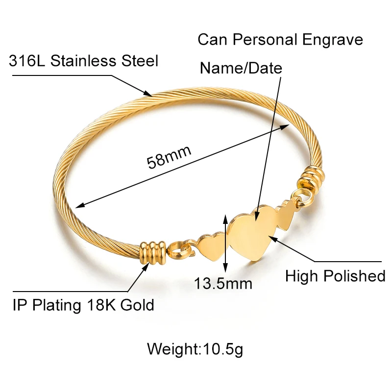 Letdiffery Fashion Heart Bangles for Women Stainless Steel Classic Silver Color Gold Color Rose Gold Color Love Bangle Jewelry