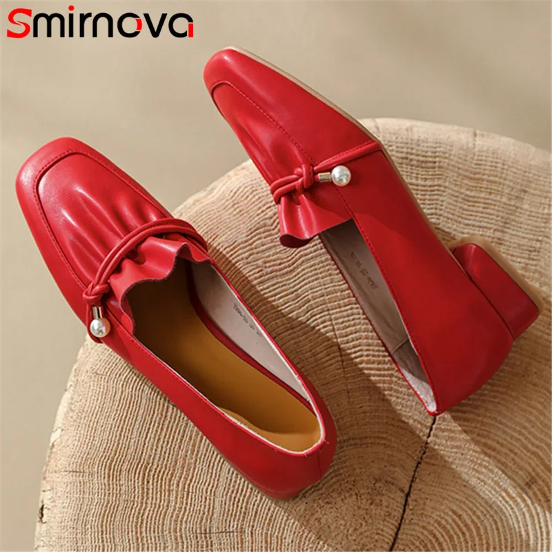 

Smirnova 2022 Red Genuine Leather Shoes Women Flat Shoes Square Toe Pleated Pearl Slip On Comfortable Casual Shoes Ladies