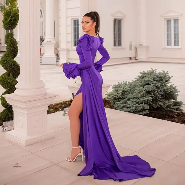 Gothic Purple Evening Dresses Deep V Neck Long Sleeve Mermaid Prom Gowns Thigh Split Satin Formal Party Dress