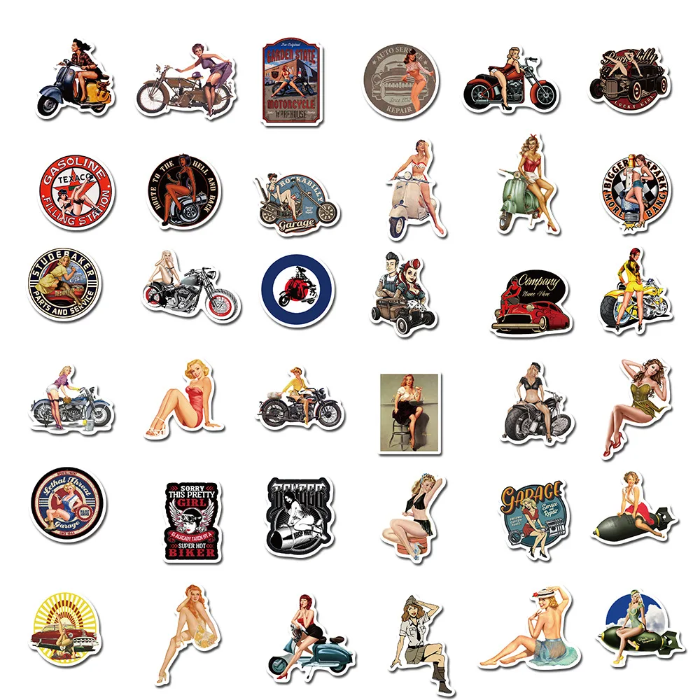 10/30/50/100pcs Retro Poster Motorcycle Girl Sticker for Laptop Motorcycle Skateboard Luggage Vintage Decal Toy Stickers Packs