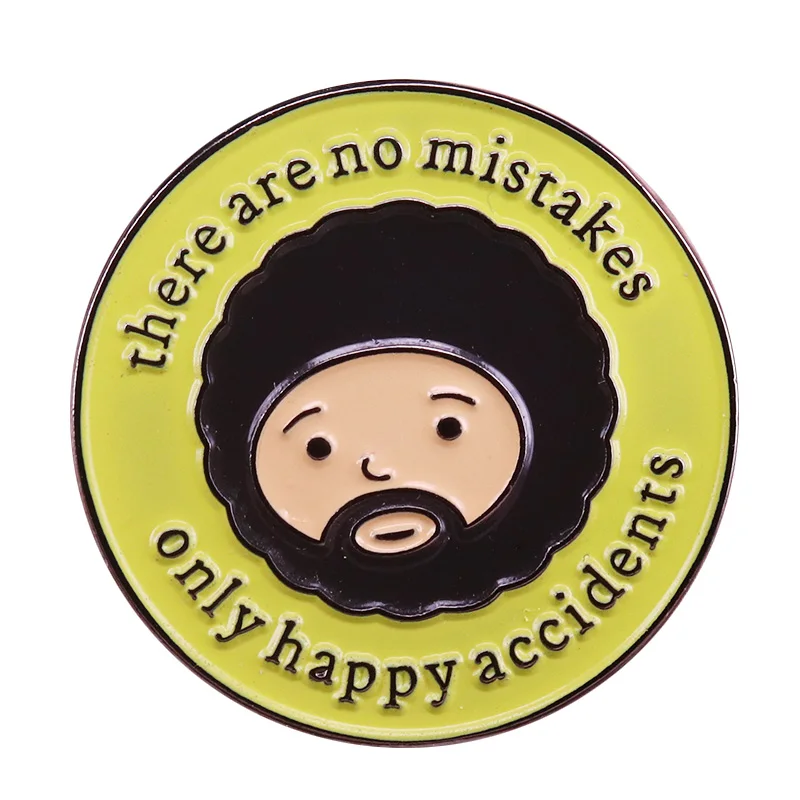 Bob Ross quotes enamel pin no mistakes only happy accidents inspirational brooch cute cartoon painter art accessory