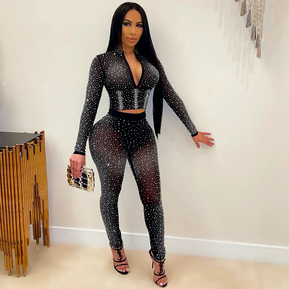 2021 Luxury Glittering Diamond Jumpsuit Women Turtleneck Halter Backless Sequin Playsuits Party Club Matching Outfits