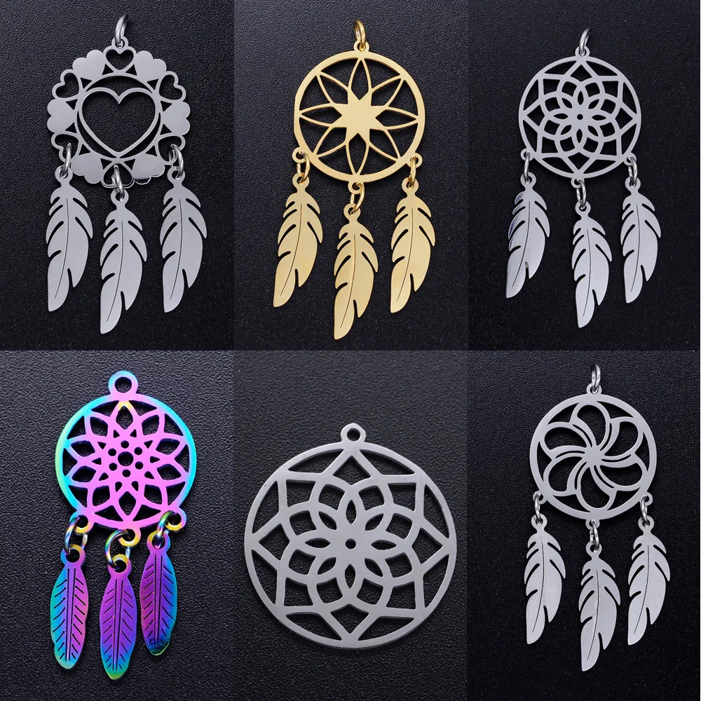 5pcs/lot Gorgeous boho dream catcher diy stainless steel charm wholesale fashion bohemia leather necklace pendant lotus charms