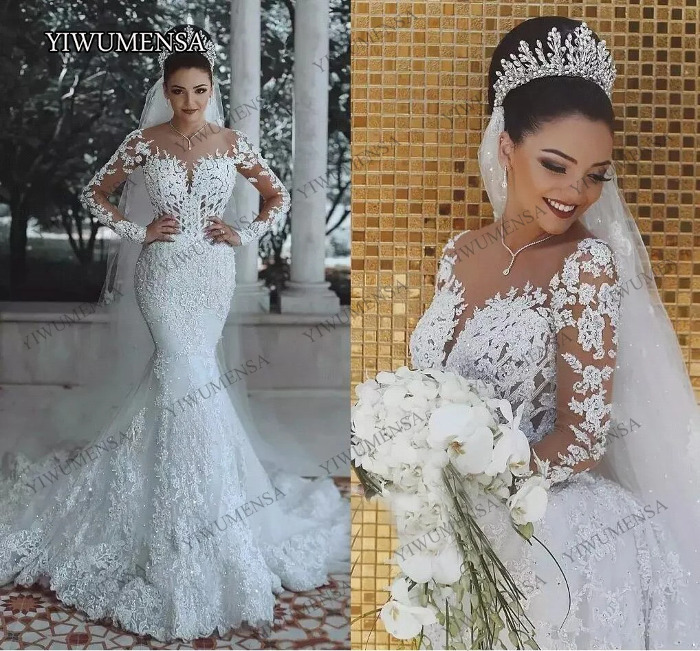 Robe de mariée sirène de luxe à manches longues, dos nu, avec des Appliques en dentelle, de couleur blanche, arabe dubaï