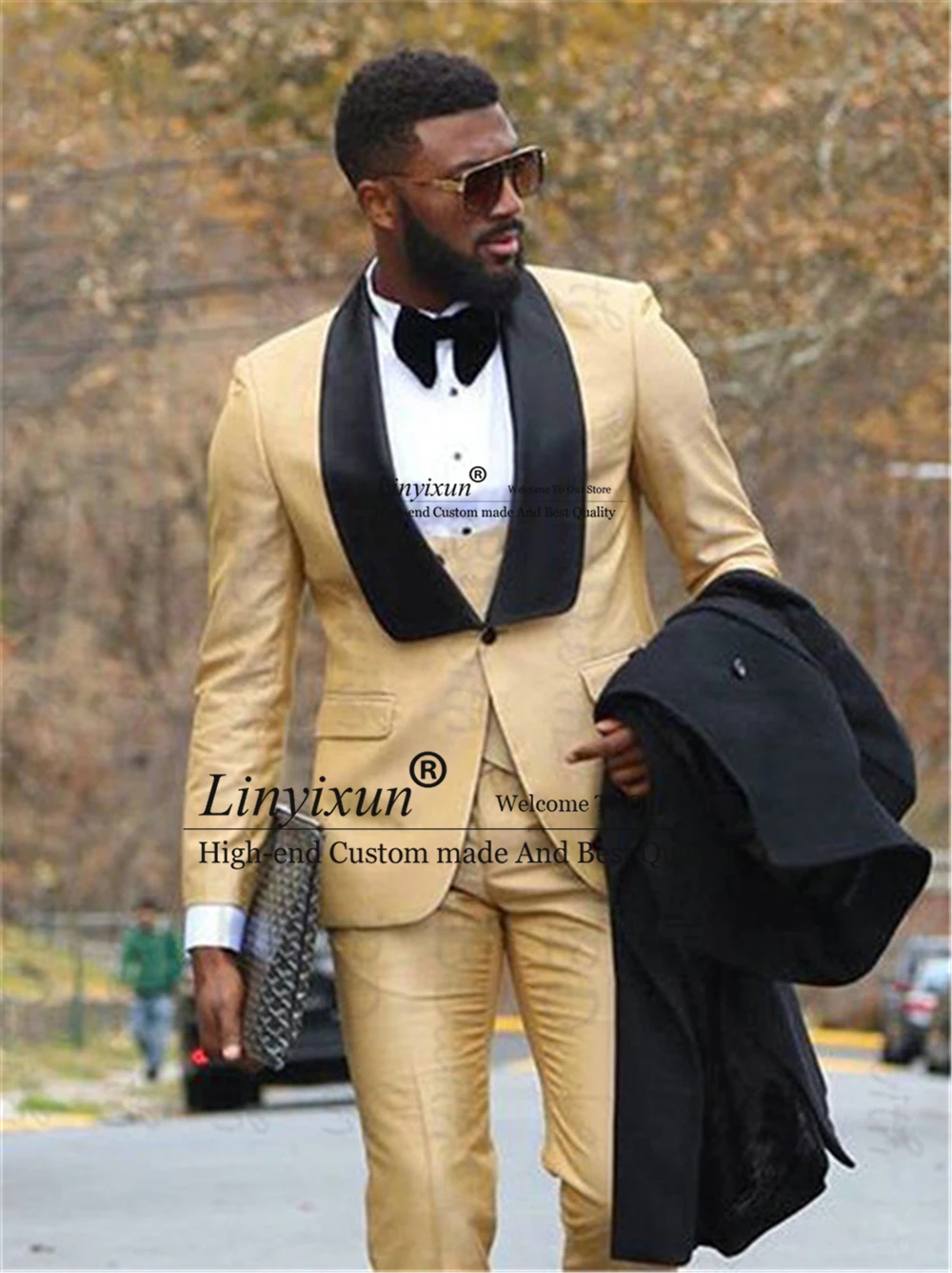 

Classic Slim Fit Mens Suits With Black Shawl Lapel Groom Tuxedo 3 Pieces Jacket Vest Pants Set Groomsmen Blazer Costume Homme