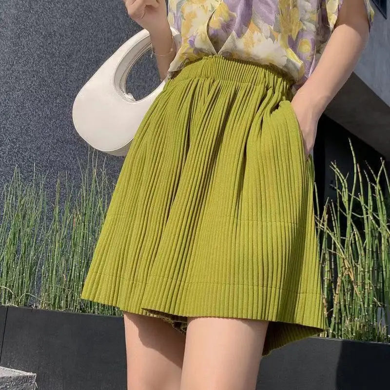 100kg Summer High Waist Large Add Size Pleated Wide Leg Shorts Casual Sports Culottes Korean Loose Female Clothing Lay Shorts