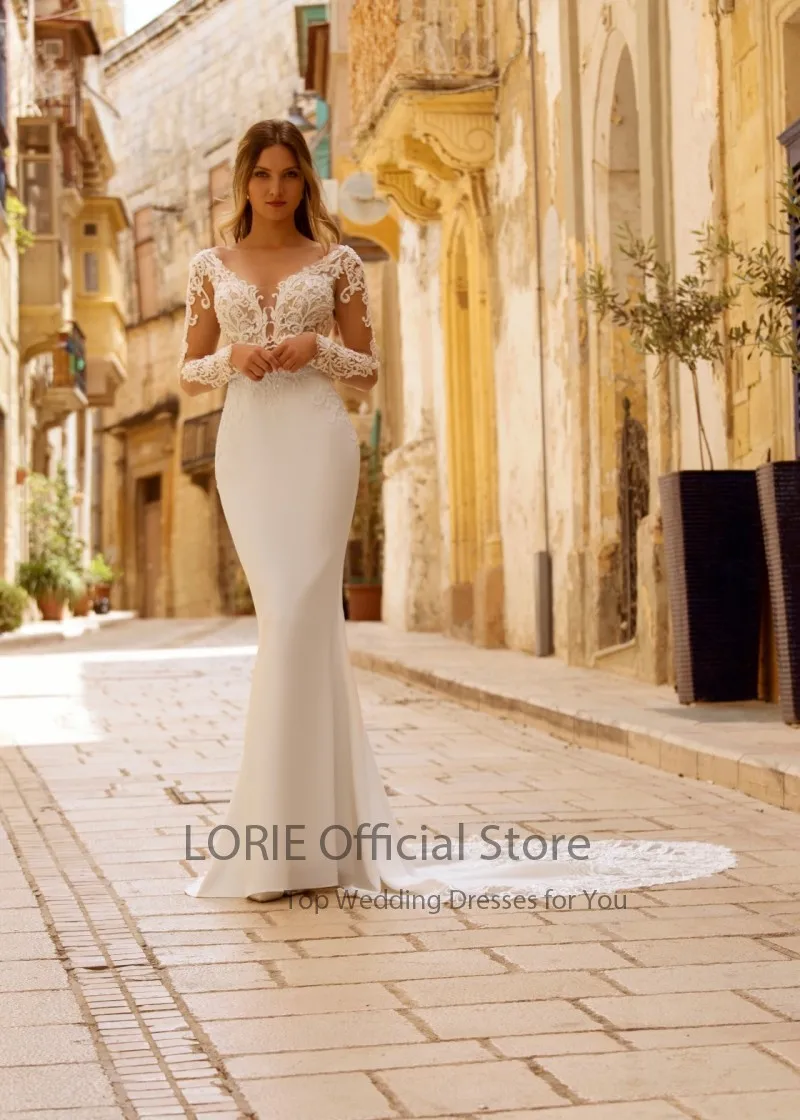 LORIE Boho Hochzeit Kleid V-ausschnitt Meerjungfrau Appliques Spitze Lange Ärmeln Backless Hochzeit Kleider Braut Kleid hochzeit kleid braut