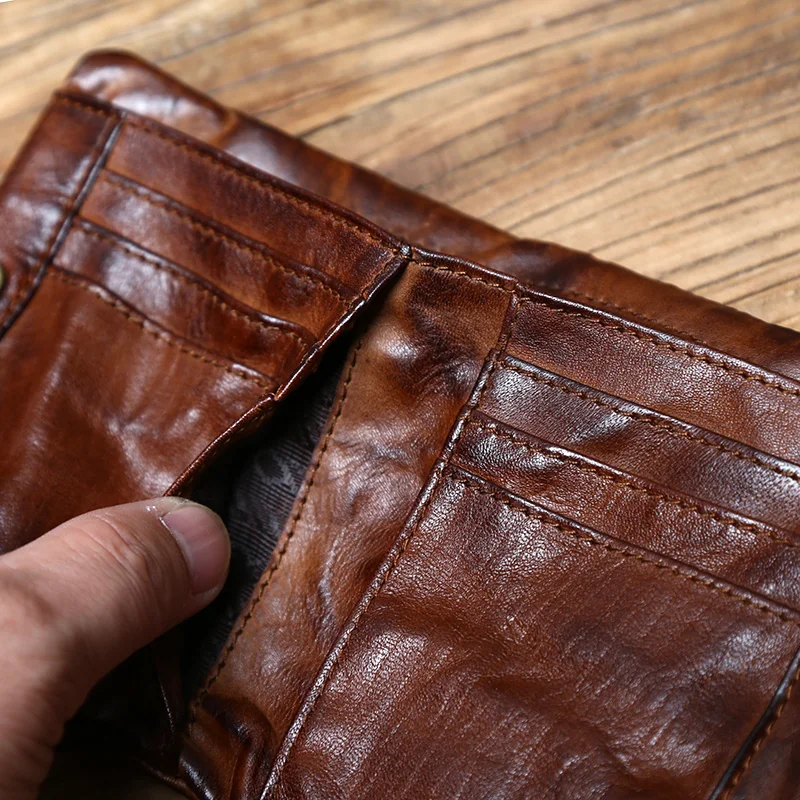 NZPJ Herren-Geldbörse aus Rindsleder, Retro-Geldbörse, Leder, kurze Damen-Geldbörse, pflanzlich gegerbtes Leder, vertikale Geldbörse, Jugend-Reißverschluss, Ausweishülle – Detail 9
