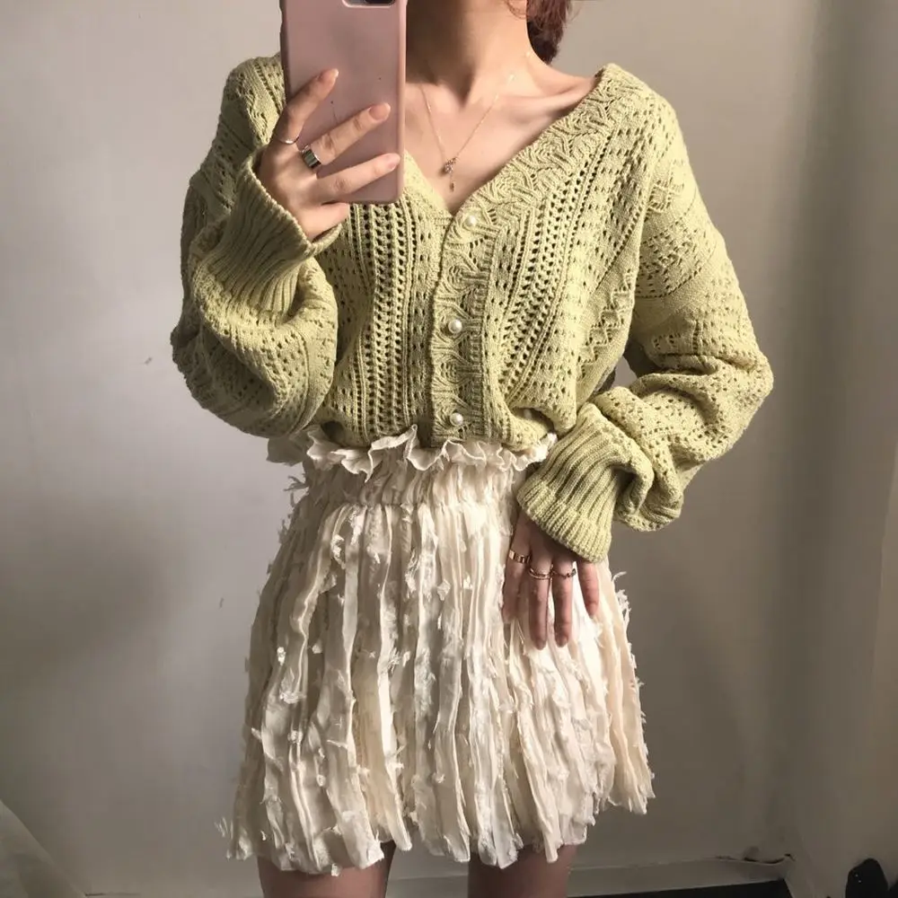 2020 Women Spring Summer Sweater and Cardigans Low V-Neck Knit Tops Long Sleeve Hollow Out Sexy Cardigan Loose White Tops