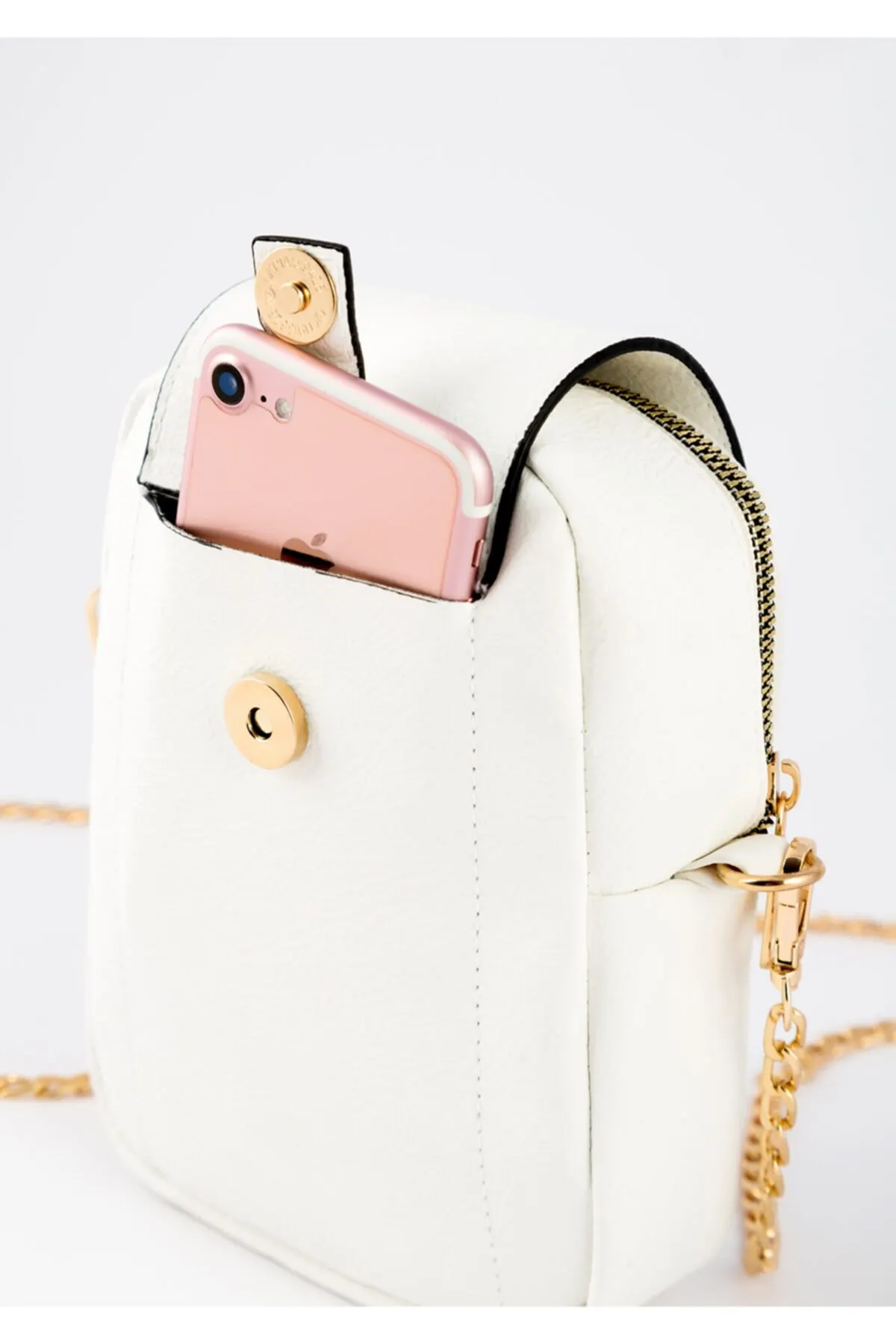 Women's White Phone Compartment Gold Detailed Shoulder Bag New 2020 Modern Design Stylish