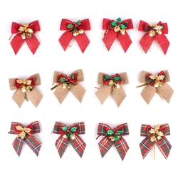 12pcs/pack Linen Mini Bow Christmas Tree Decoration Leaf Jingle Bell Bow Decorations Christmas Ornaments Bowknot Crafts